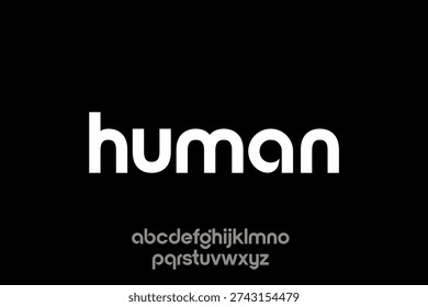 A clean, white sans-serif typeface is showcased against a stark black background, featuring the word 'human' and the full lowercase alphabet.
