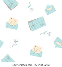 Limpar padrão sem emenda branco com envelopes pastel e notas para fundos de papelaria modernos