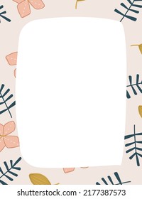 Limpiar hoja blanca en un bloc de notas con borde de flores, página de papel vacía, plantilla, maquillaje de notas. Estilo de la caricatura de ilustraciones vectoriales