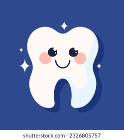 Clean white teeth sticker concept. Oral hygiene and dentistry. Health care and treatment. Template, layout and mock up. Cartoon flat vector illustration isolated on blue background