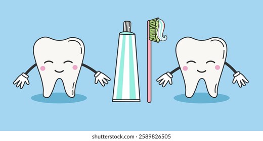 Clean white teeth with toothbrush and toothpaste. Dental care and treatment kids concept illustrations. Dental clinic mascot. Cartoon vector illustration