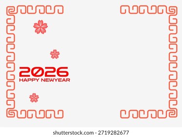 Una Plantilla blanca limpia que muestra un borde rectangular naranja hecho de patrones geométricos tradicionales entrelazados El diseño incluye el texto del Año Nuevo 2026 y acentos florales que dejan un Grande espacio abierto para contenido personalizado