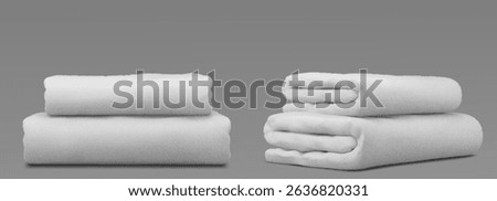 Clean white towels stacked for bathroom spa use - soft cotton bath towel folded with smaller hand cloth on top. 3d realistic fresh laundered fluffy textile bundle for hotel or home luxury comfort.