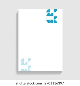 Clean white vertical card or paper with abstract geometric teal blue shapes in corners