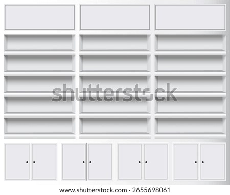 A clean, white wall cabinet with three sections of open shelves and lower storage compartments with closed doors, ideal for books, retail displays, or home organization.