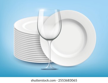 Clean white washed plates next to a glass. Vector illustration