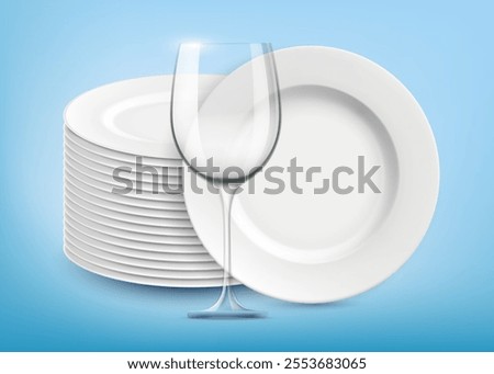 Clean white washed plates next to a glass. Vector illustration
