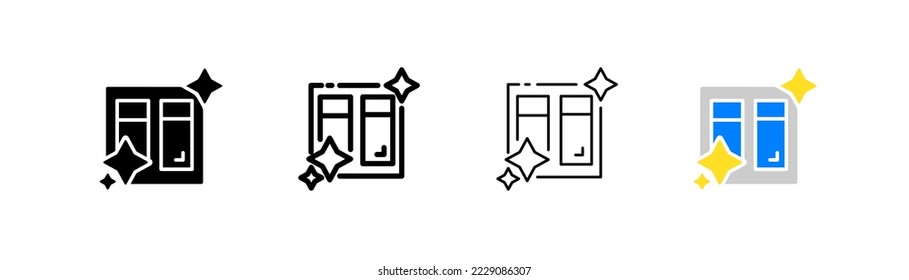 Clean window without streaks set icon. Spring cleaning, Sponge, window, mop, bucket, faucet, plumbing. Clean concept. Four vector icon in different styles on a white background