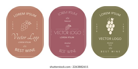 Sauberes Weinlogo. Minimalistisches Etikett. Badge-Vorlage für Riesling, Pinot oder Chardonnay. Weinblatt. Modernes Design. Traubengetränk. Alkoholgetränk. Vektor-Weinkellereien-Kartenset