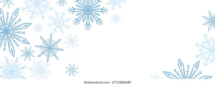 Clean winter background with blue snowflakes forming a decorative border on light background. Ideal for Christmas and New Year banners, greeting cards, posters, invitations, web design and seasonal marketing projects