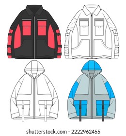 Clean winter jacket and puffer jacket outline and color vector illustration set designed for apparel product catalogs, ecommerce listings, and seasonal marketing materials. Isolated outdoor jackets suitable for online stores, product presentations, branding, and commercial use.