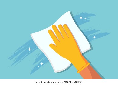 Clean wipe in hand of house worker for disinfect surface. Cloth for cleanliness of bathroom, kitchen, glass. Flat icon of duster with detergent. Service of sanitize against coronavirus. Vector.