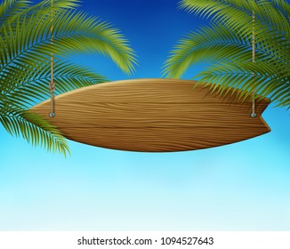 Clean wooden surfboard signboard on ropes, with summer sky background, and palm leafs EPS 10 contains transparency.