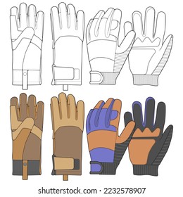 Clean work gloves and safety gloves outline and color vector illustration set designed for PPE product catalogs, industrial safety manuals, and hardware ecommerce listings. Isolated protective gloves suitable for construction, warehouse, outdoor work, and commercial use.