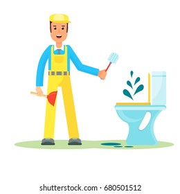 Clean, worker of cleaning service. Man in a uniform cleaning broken toilet. Holds tools for cleaning as plungers and a brush. Flat vector cartoon character isolated on white background.