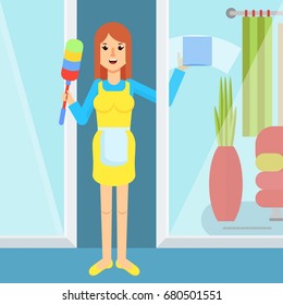Clean, worker of cleaning service. Woman in a uniform Wash glass and wipe the dust. Flat vector cartoon character isolated on white background.