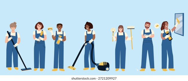 Limpie a los trabajadores con herramientas de tarea. Ilustración vectorial en estilo plano. Conjunto de personal de empresa de limpieza de hombre y mujer.