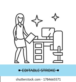 Clean workplace icon. Woman employee beside shiny office desk line pictogram. Concept of workplace disinfection and health safety recommendations at work. Editable stroke vector illustration