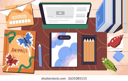 Clean workplace with tablet, notebook and drawing stationery top view. Tidy desk with chalks, pencils, notepad. Neat table with books, crayons. Cute workspace organization. Flat vector illustration.