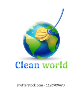 Clean The World Of Pollution And Garbage: Concept Of Planet Earth And Mop Cleaning It