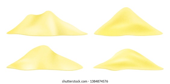 Clean Yellow Sand Pile Isolated On White Background. Vector Illustration Set Of Sandy Hills.