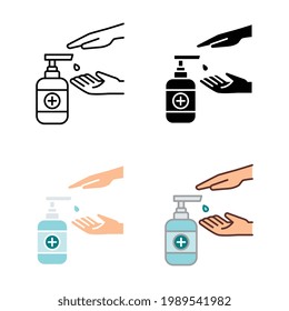 Clean your hands by pressing antiseptic bottle pump for hygiene and disinfection. Hand press sanitizer alcohol disinfection and washing icon. Vector illustration. Design on white background. EPS 10.