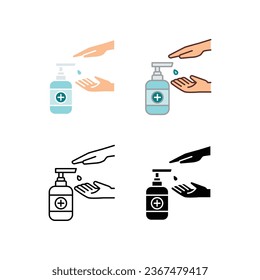 Clean your hands by pressing antiseptic bottle pump for hygiene and disinfection. Hand press sanitizer alcohol disinfection and washing icon. Vector illustration. Design on white background. EPS 10.