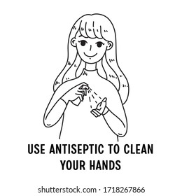 Limpie sus manos. Ilustraciones lindas de vectores de mujer estilo Doodle. Prevención del coronavirus. Usar un pañuelo Usar para sitio web, tarjeta y otro diseño