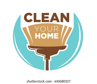 Clean your home logotype design with broom isolated on blue