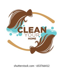 Clean your home logotype with two brown brooms