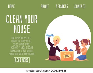 Clean your house banner with kids putting toys in toy box. Cartoon children tidying up after playing - website landing page concept, vector illustration.