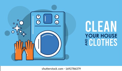 clean your house and clothes lettering with equipment vector illustration design