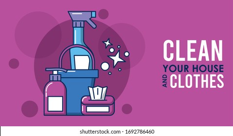 clean your house and clothes lettering with equipment vector illustration design