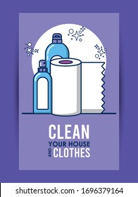 clean your house and clothes lettering with equipment vector illustration design