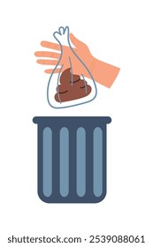 Limpia la mierda de tu mascota. Mano sosteniendo una bolsa de caca, tírala a la basura. Normas sociales. Recoge y limpia. Ilustración vectorial, diseño plano.