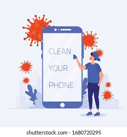 Clean Your Phone Covid 19 Corona Virus Pandemia Protection Illustration Alcool Gel 