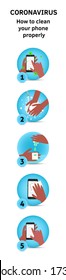 Clean your phone device flat design cartoon vector style illustration. A poster with coronavirus preventive measures. Disinfect virus surfaces idea. Hands wiping a smartphone screen with sanitizer