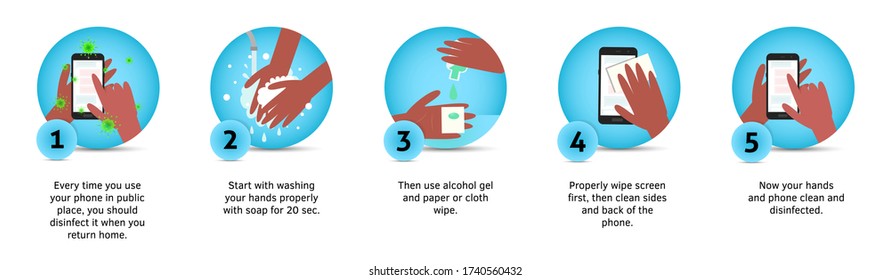 Clean your phone device flat design cartoon vector style illustration. A poster with coronavirus preventive measures. Disinfect virus surfaces idea. Hands wiping a smartphone screen with sanitizer