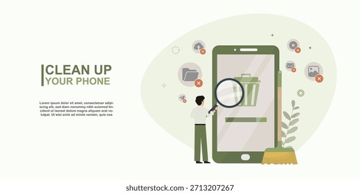 Clean up your phone digital storage banner. Man scanning smartphone trash bin icon, deleting files and optimizing storage, ideal for tech campaigns and app promotion. Flat style. Vector illustration