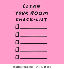 Clean your room check list. Banner. Vector illustration on pink background.