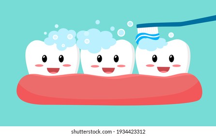 Clean your teeth everyday with toothbrush and toothpaste in flat design. Smiling teeth cartoon dental care. Oral healthcare.