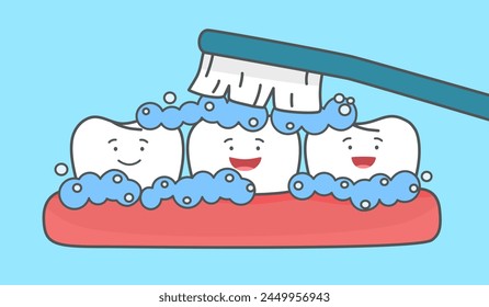 Clean your teeth everyday with toothbrush and toothpaste in flat design. Smiling teeth cartoon dental care. Oral healthcare.