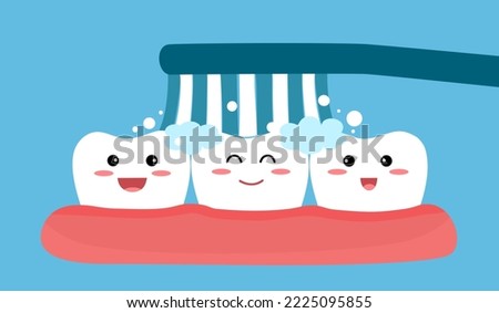 Clean your teeth everyday with toothbrush and toothpaste in flat design. Smiling teeth cartoon dental care. Oral healthcare.