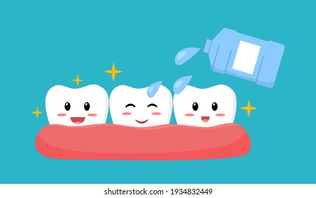 Clean your teeth with mouthwash in flat design. Smiling teeth cartoon dental care. Oral healthcare with mouthwash for plaque prevention and fresh breath.