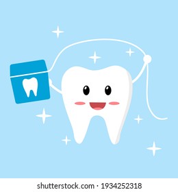 Clean your teeth regularly with dental floss concept. Smiling teeth cartoon using floss in flat design. Dental care. Oral healthcare.