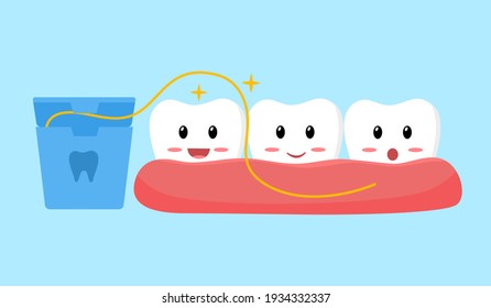 Clean your teeth regularly with dental floss concept. Smiling teeth cartoon clean by floss in flat design. Dental care. Oral healthcare.