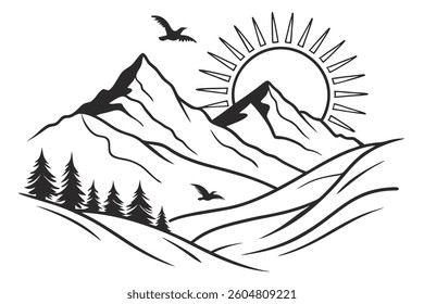 cleane shape Sunrise over mountains silhouette vector illustration white background 