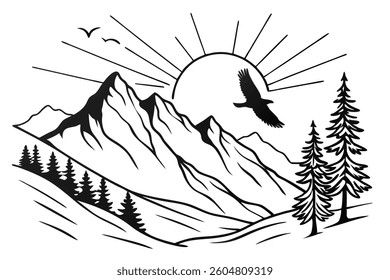 cleane shape Sunrise over mountains silhouette vector illustration white background 