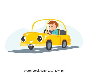 Cleaned shinny yellow car driving down the road with young man on driver seat. Young man rides car along asphalt road. Riding on the automobile machine. Editable vector illustration, cartoon character