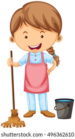 Cleaner with apron and broom illustration